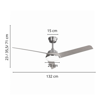 Schéma des dimensions du ventilateur de plafond : 132 cm d'envergure, 23 à 71 cm de hauteur, pavillon 15 cm