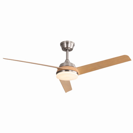 Ventilateur de plafond 132 cm à pales bois clair et moyeu nickel argenté avec disque LED, fond blanc